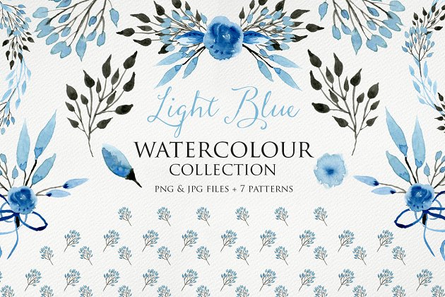水彩花卉元素插画 Light Blue Watercolour Elements