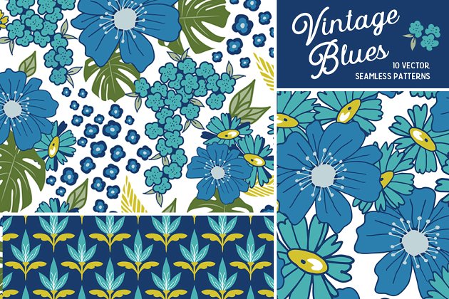 经典几何花卉背景纹理 Vintage Blues Floral & Geometric