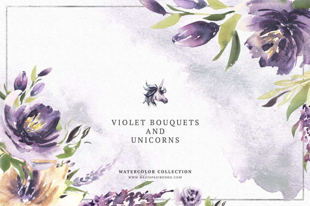 紫罗兰花束与独角兽水彩剪贴画 Violet Bouquets & Unicorns