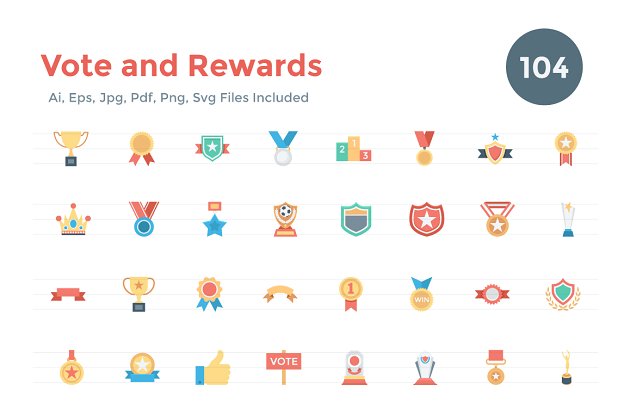 投票和奖励图标 104 Flat Vote and Rewards Icons