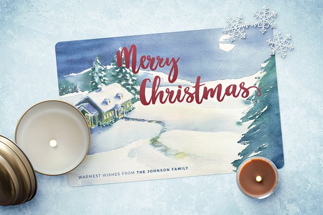 冬季圣诞节贺卡模板 Watercolor Christmas Card Template 4