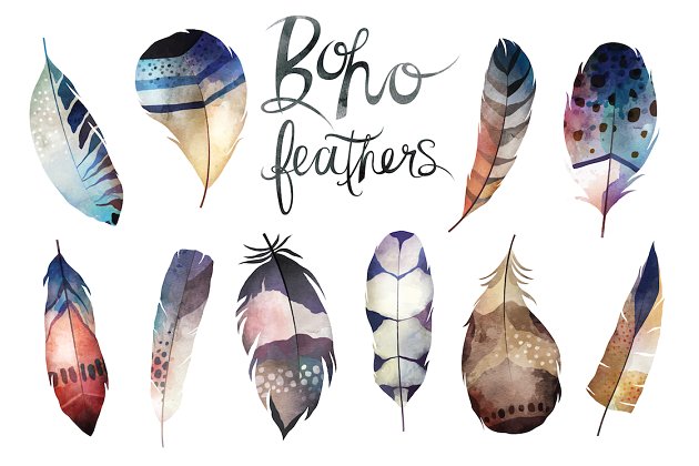 水彩羽毛矢量素材 Watercolor Boho Feathers Vector Set