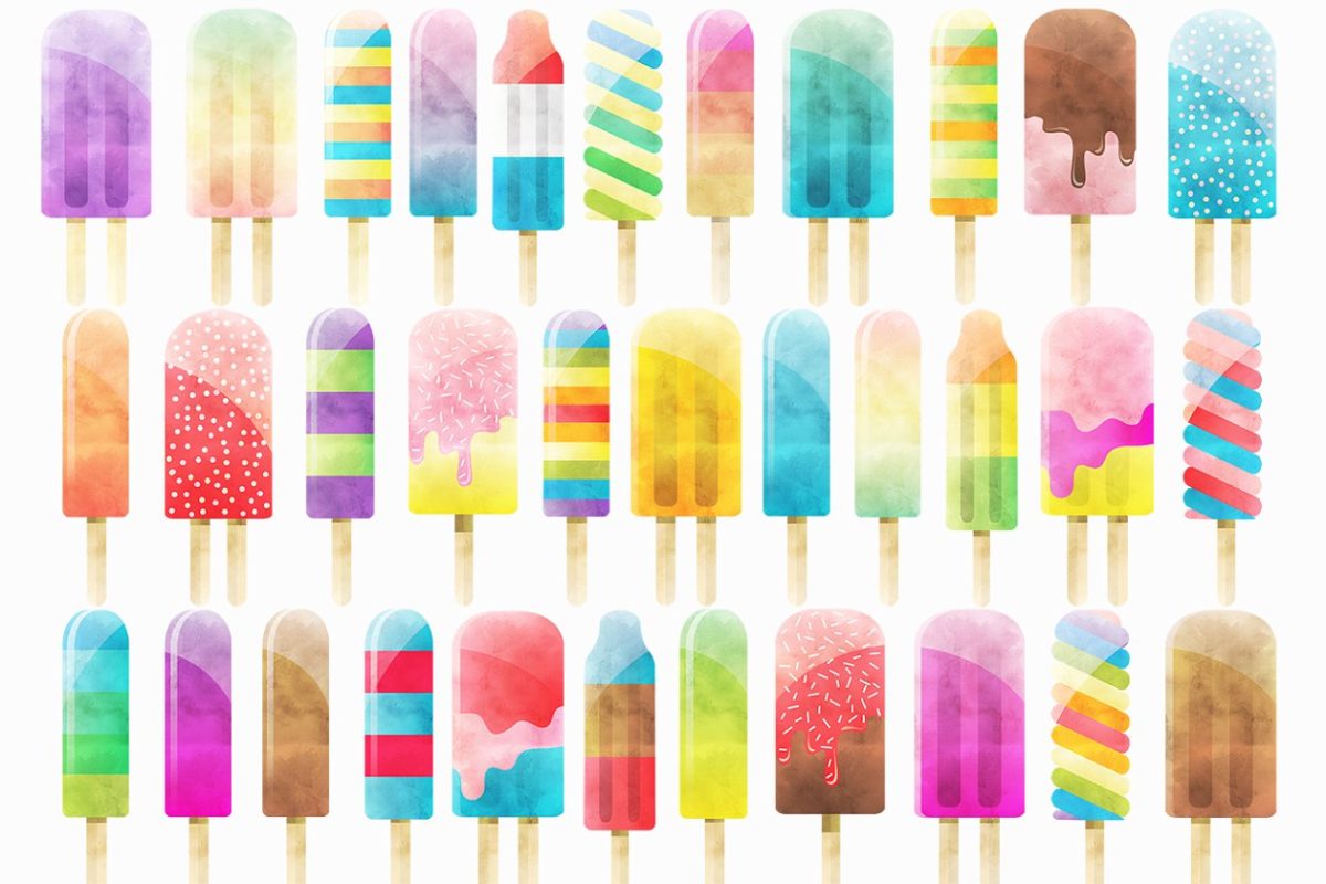 创意彩色雪糕插画 Watercolor Popsicles Clipart Set