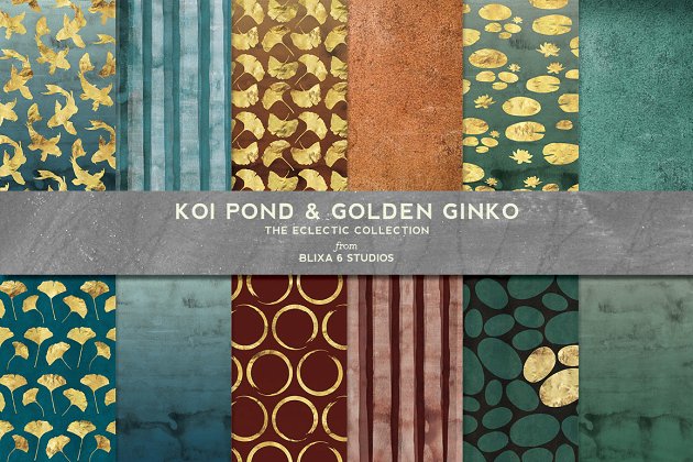 烫金池塘背景纹理 Koi Pond & Golden Ginko Watercolors