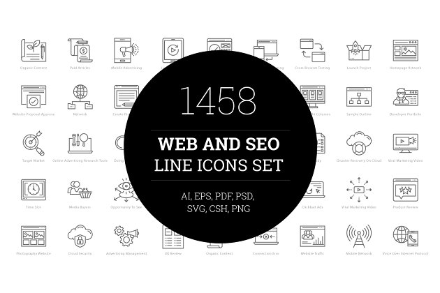 1458个Web&Seo网页图标 1458 Web and Seo Line Icons Set