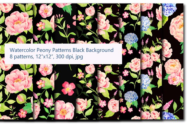 花卉图案背景纹理 Peach Peony, Hydrangea Black Pattern