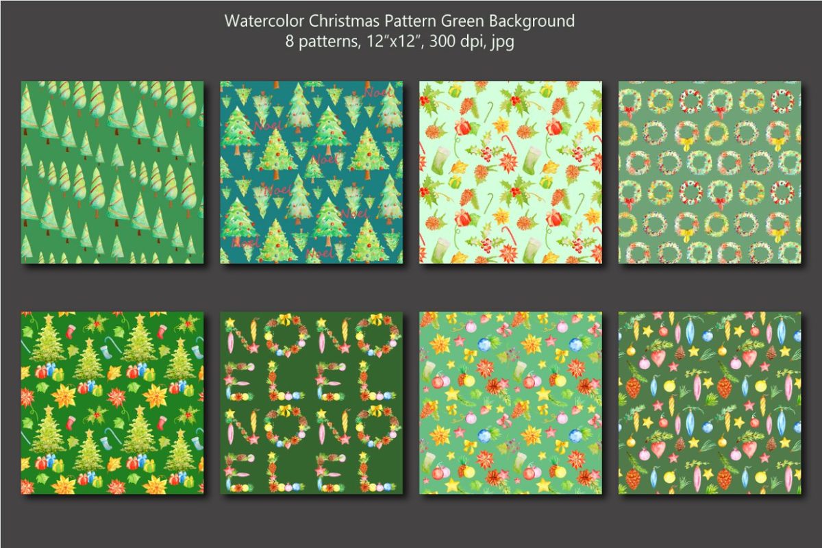 绿色圣诞节图案背景纹理 Watercolor Christmas Pattern Green