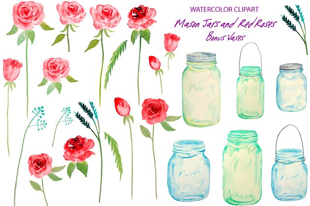 水彩罐子花卉插画 Watercolor Mason Jars Red Roses