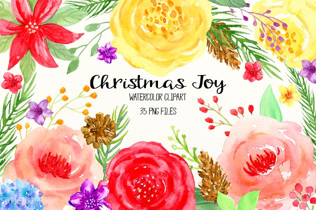 水彩圣诞节花卉插画元素 Watercolor Clipart  Christmas Joy