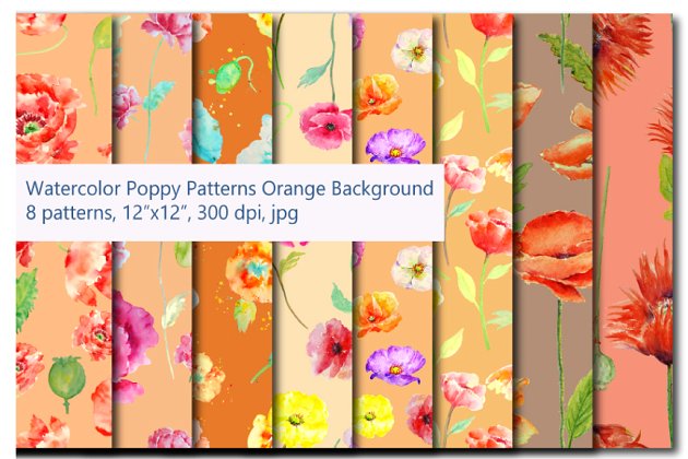 水彩罂粟花图案背景纹理 Watercolor Poppy Pattern Orange