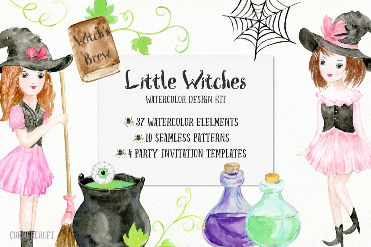 水彩巫女插画设计套装 Watercolor Little Witch Design Kit