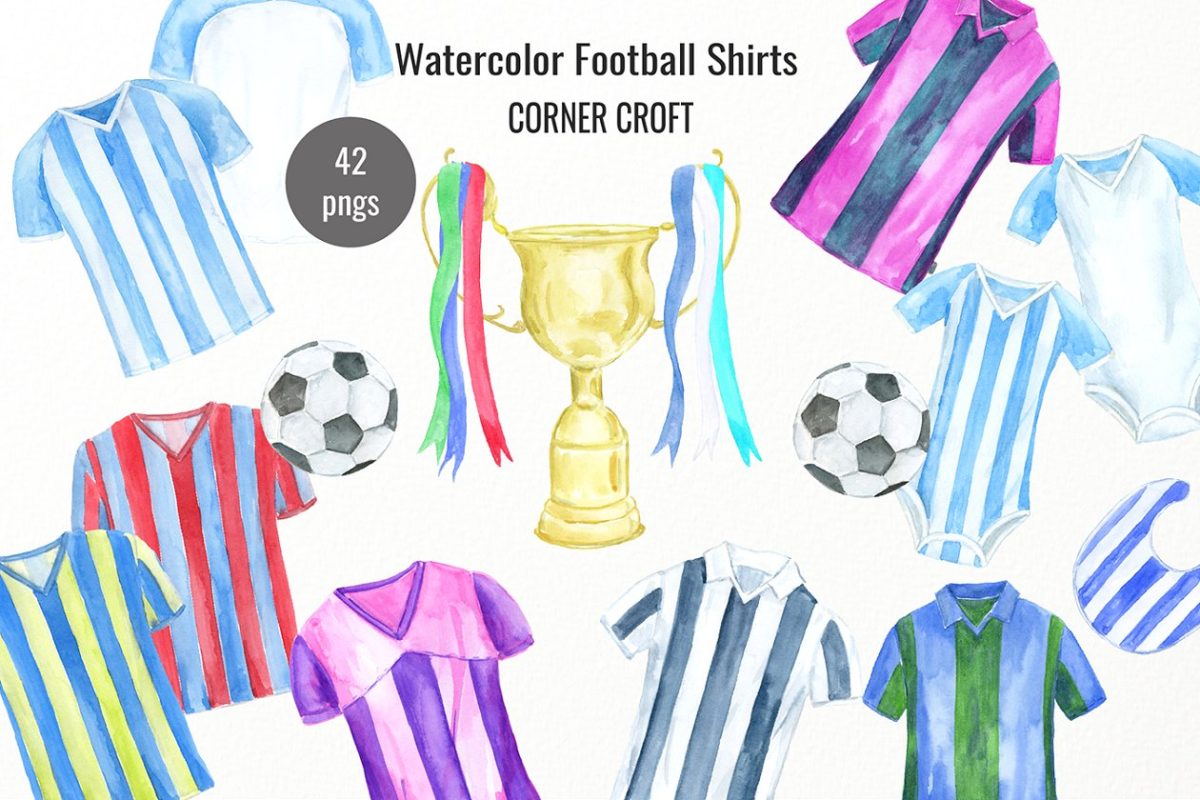 水彩画的足球球服相关元素 Watercolor Football Shirt Collection