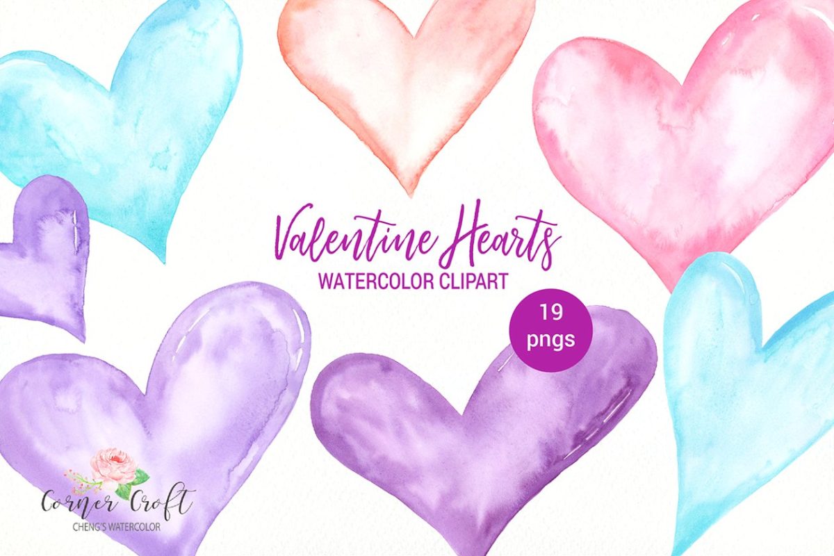 水彩情人节心形剪贴画 Watercolor Valentine Heart Clipart