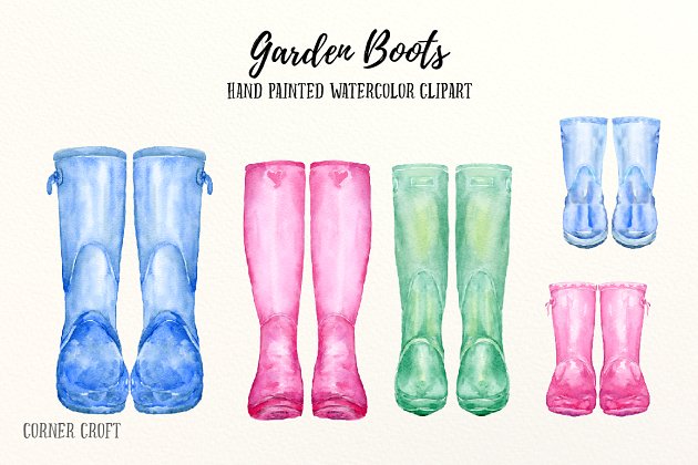 水彩花园靴子插画 Watercolor Garden Boots, Wellies