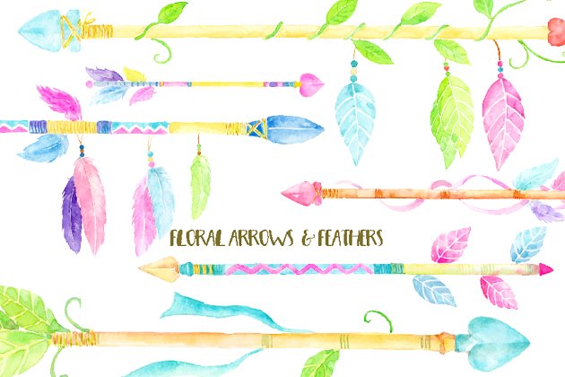 水彩花卉箭头插画 Watercolor Clipart Floral Arrows