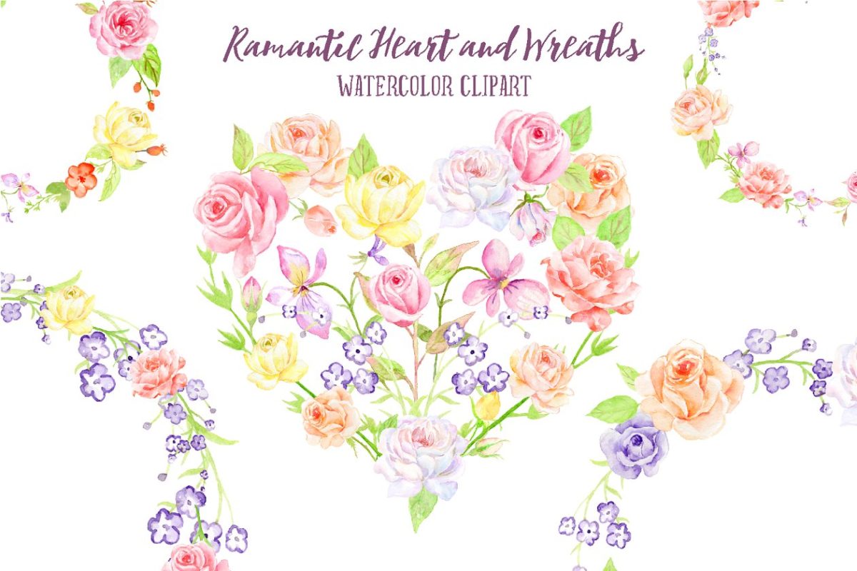 水彩玫瑰花环和爱心插画 Watercolor Rose Wreath and Heart