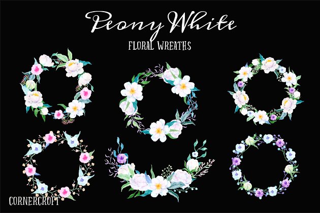 水彩白牡丹花圈 Watercolour White Peony Wreath