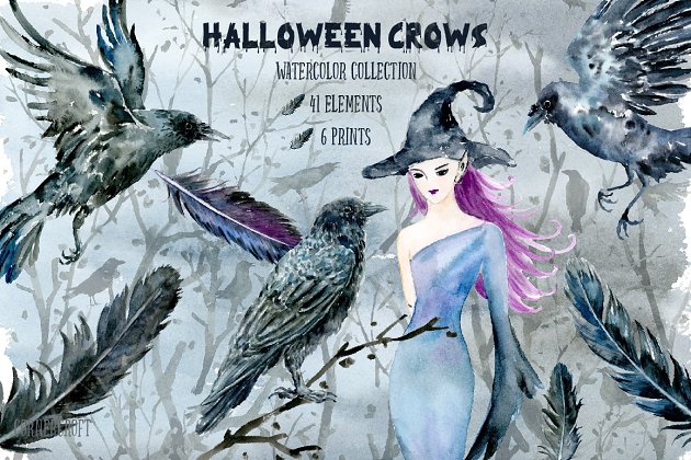 水彩万圣节女巫插画 Watecolor Halloween Crows & Witch