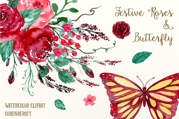 水彩玫瑰蝴蝶插画 Watercolor Festive Roses & Butterfly