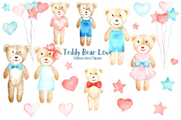 水彩泰迪熊爱心剪贴画 Watercolor Clipart Teddy Bear Love