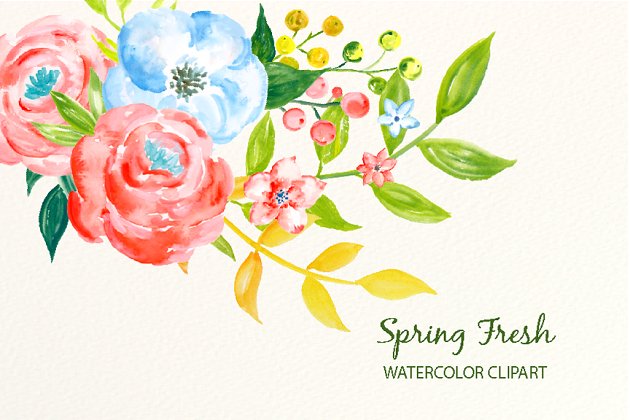 春季蓝粉色系水彩花卉插画 Watercolor Clipart Spring Fresh