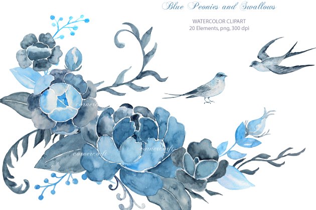 水彩蓝色牡丹插画素材 Wedding Clipart Blue Peony Swallows