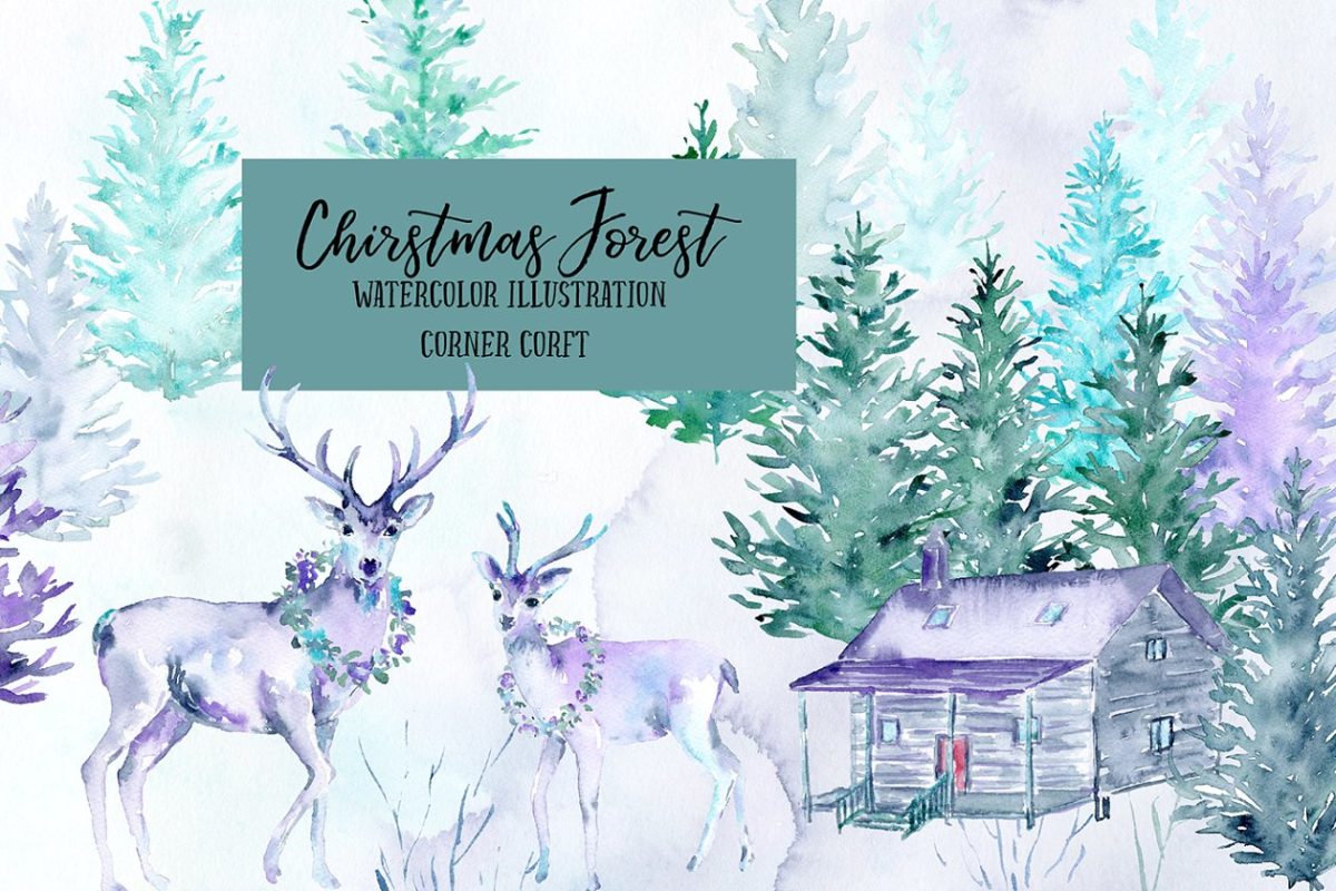 冬季水彩圣诞节森林插画 Watercolor Christmas Forest