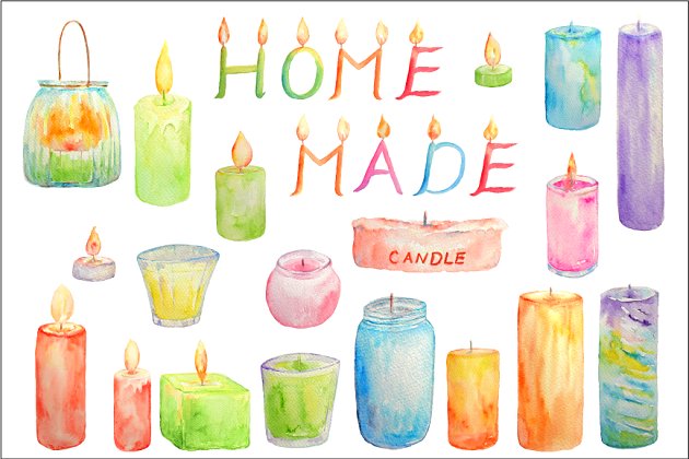 水彩蜡烛剪贴画 Watercolor Clipart Glowing Candles