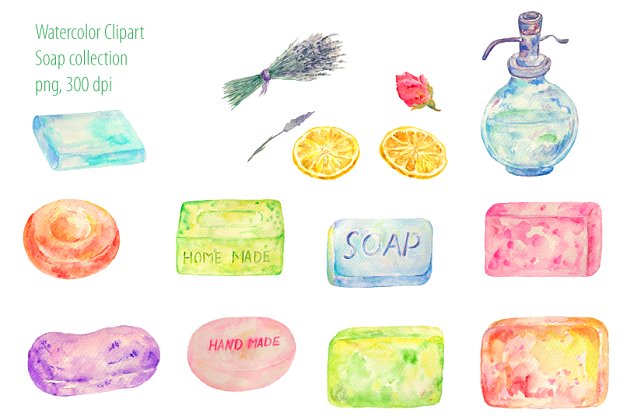水彩肥皂插画素材 Watercolor Clipart Soap Collection