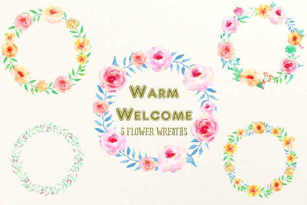 水彩花卉花圈插画 Watercolor Wreath Warm Welcome