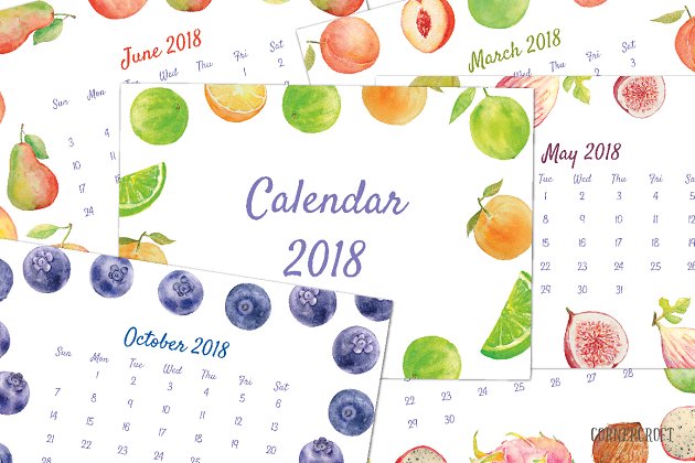 可爱的台历模板 2018 Calendar Watercolor Fruit
