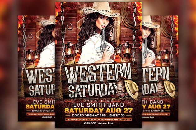 美国西部牛仔怀旧活动模板 Western Saturday Flyer Template