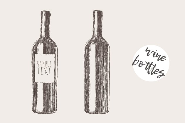 红酒酒瓶素描插画 Wine bottles, engraved style