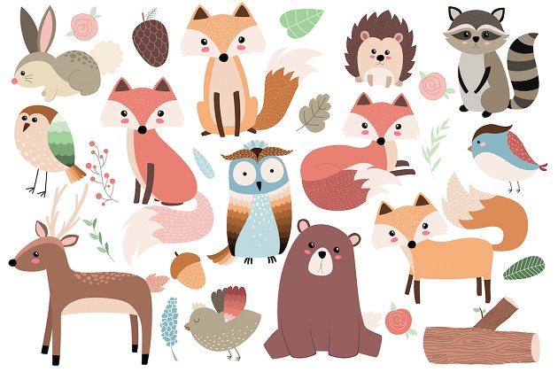 森林卡通动物素材插画 Woodland Forest Animals Clipart Set