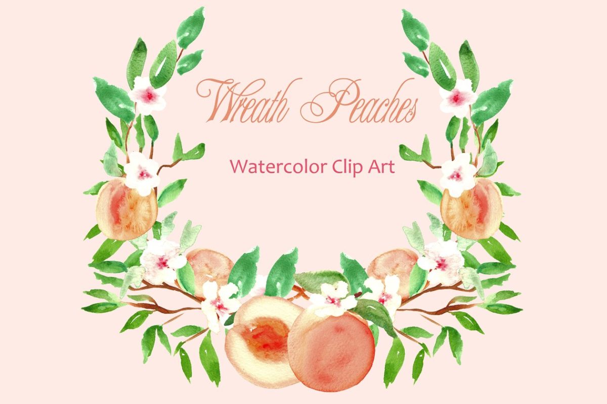 水彩桃树花卉插画 Peach Wreath watercolor clipart