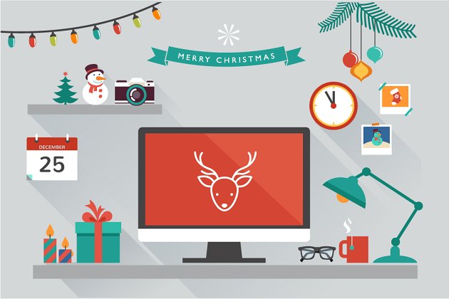 圣诞节桌面插画 Christmas desktop with flat icons