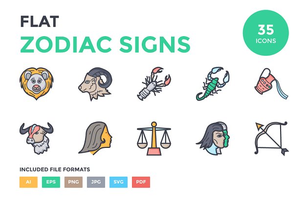 星座矢量图标素材 Flat Zodiac Signs Icons