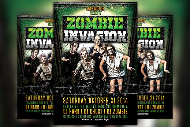 恐怖的万圣节僵尸海报模板 Zombie Invasion Halloween Flyer