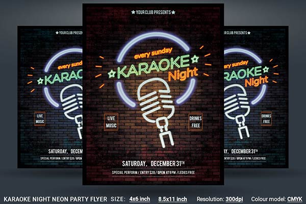 Karaoke Night Neon Party Flyer 卡拉OK夜间霓虹舞会派对海报模板下载[psd]