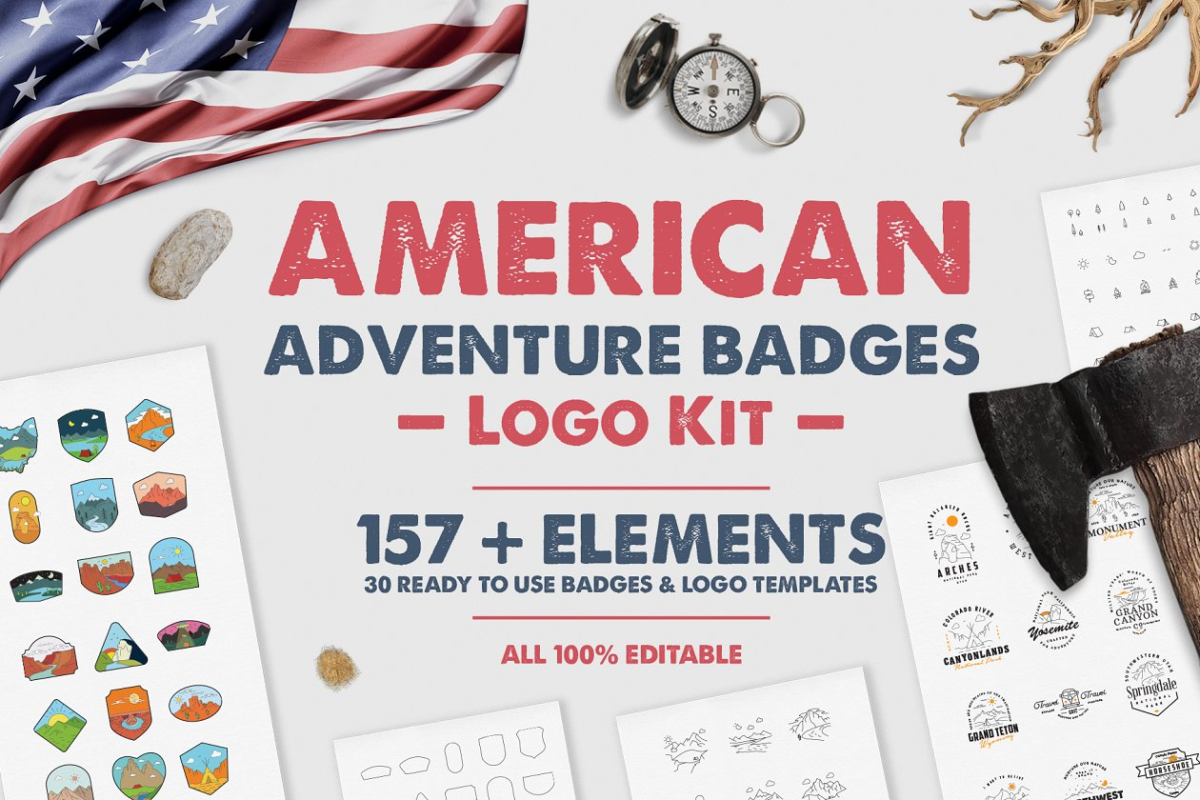 美国户外探险logo设计工具包 American Adventure Badges Logo Kit