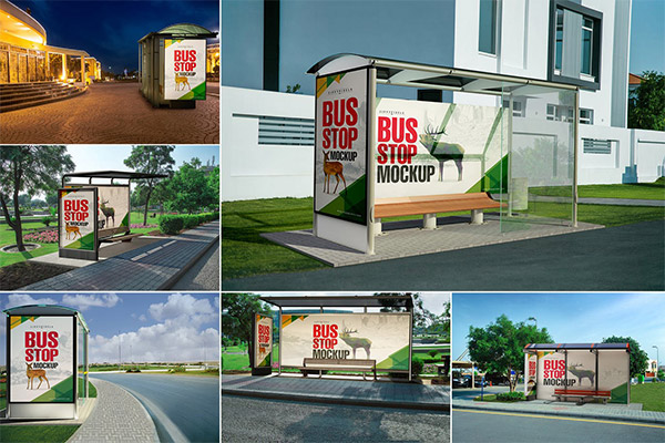 高品质的公交站牌巴士车站广告VI样机展示模型mockups