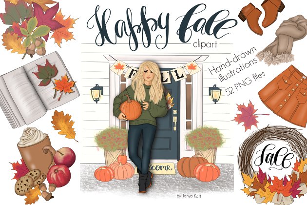 手绘丰收的季节设计插画素材+纹理 Happy Fall Autumn Design Kit