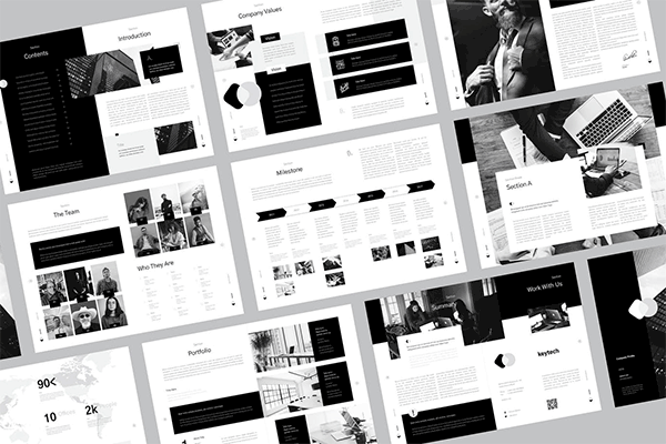 黑白配色的高端时尚的企业简介画册楼书品牌手册杂志设计模板