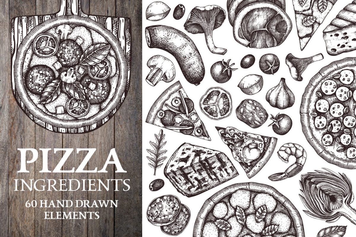 比萨配料矢量食品 Pizza Ingredients. Vector Food Set.