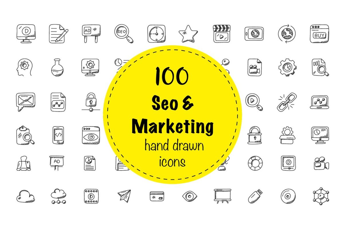 100个搜索引擎优化和营销涂鸦图标素材 100 Seo and Marketing Doodle Icons