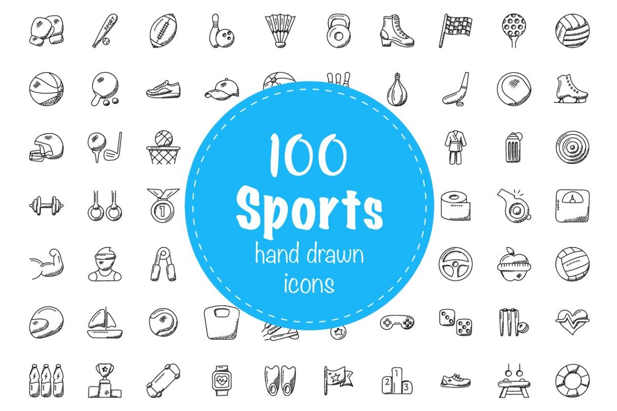 100个体育涂鸦线框图标素材 100 Sports Doodle Icons