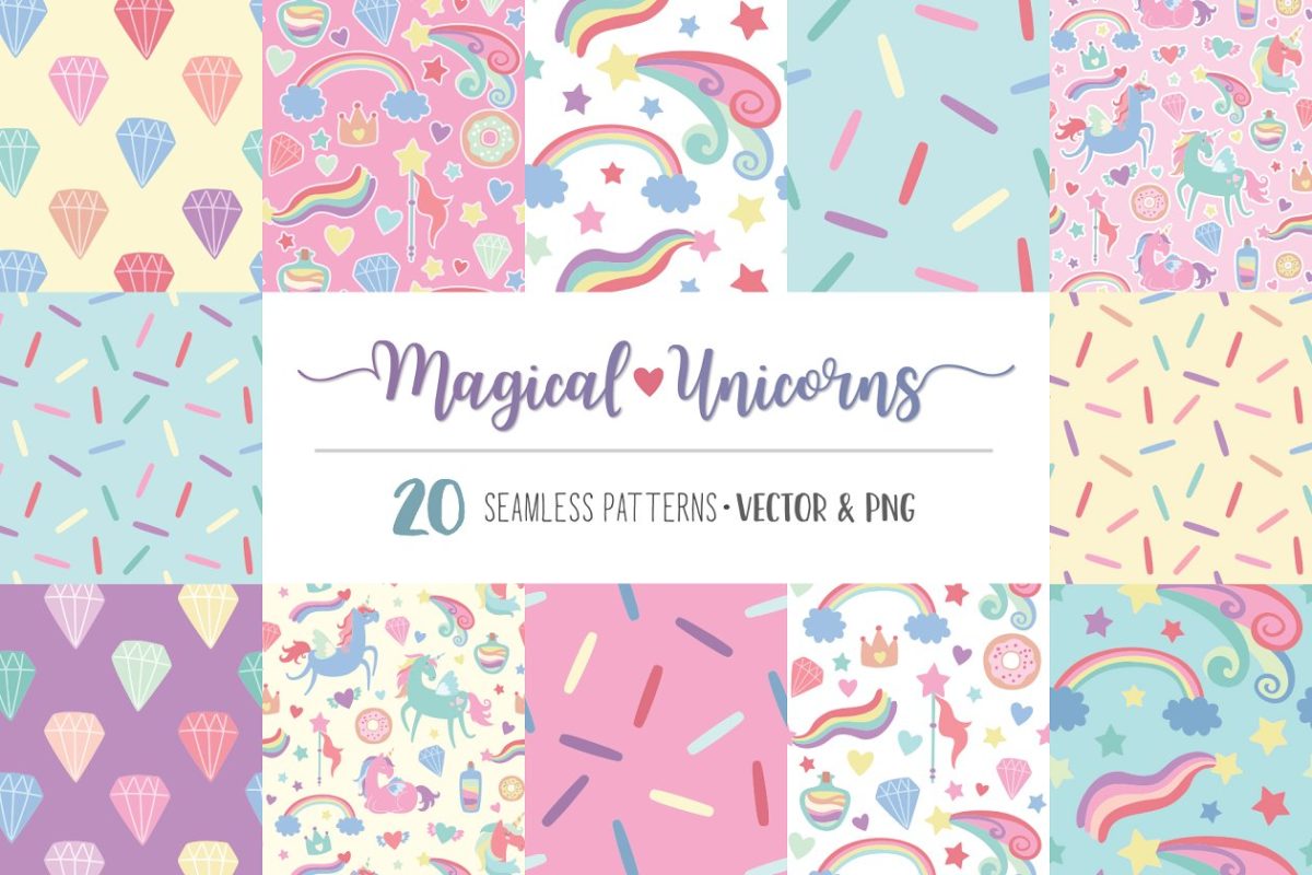 梦幻无缝矢量图案背景纹理 Magical Unicorns – Seamless Patterns