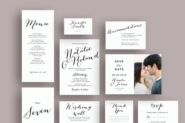 简单排版脚本婚礼邀请函模板 Typography script wedding invite set