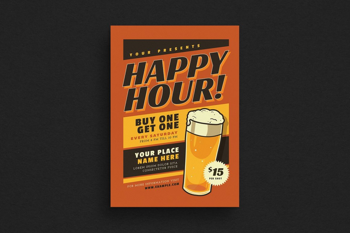 经典啤酒节海报模板 Retro Happy Hour Beer Event Flyer