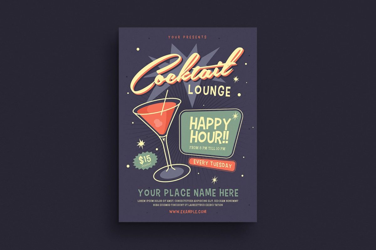 复古鸡尾酒会宣传单模板 Retro Cocktail Event Flyer